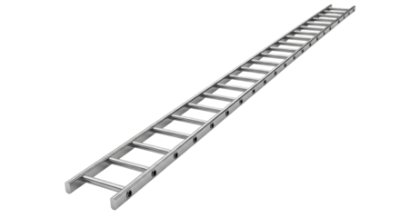 Long aluminum extension ladder for height access and safety. isolated on transparent background