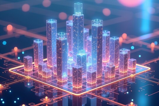 Futuristic city skyline glowing on circuit board, neon lights, digital architecture, cyberpunk urban landscape.