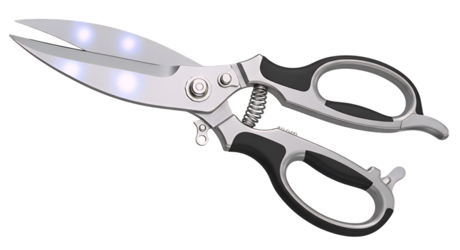 Precision stainless steel kitchen shears with comfortable black grips and a robust spring mechanism for efficient cutting, expertly isolated on a clean transparent background