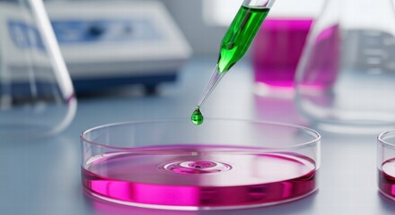 Science in Action: A precise moment in a laboratory where a pipette dispenses a vibrant green liquid onto a pink solution, symbolizing experimentation and scientific precision.
