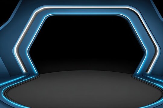 Futuristic blue lit corridor leading into a black space