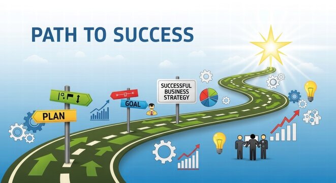 Navigating the Path to Success: A vibrant depiction of a winding road leading towards goals and strategies, representing a journey of planning and achieving business targets, lit by a radiant sun.