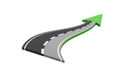 Winding road becoming a green upward arrow, symbolizing progress isolated on transparent background