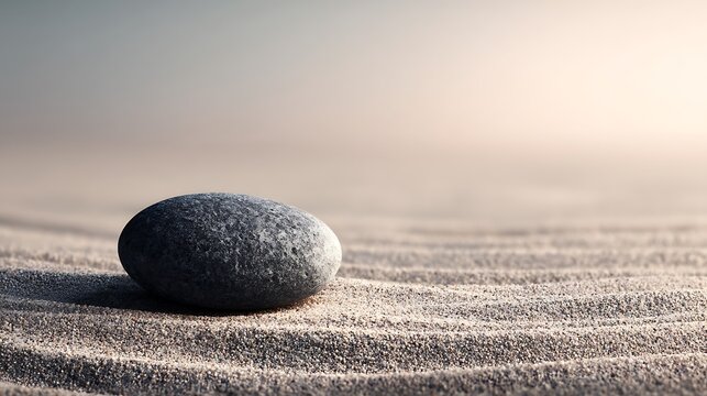 Single smooth pebble on fine sand in a zen minimalist scene, gentle warm light creating a calm balanced layout for corporate presentation, marketing visuals, and wellness template