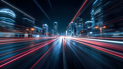 Fototapeta premium Dynamic light trails create stunning cityscape at night, modern urban energy