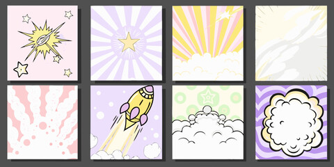 Naklejka premium Collection of eight comic book style panels featuring rockets stars explosions and abstract backgrounds
