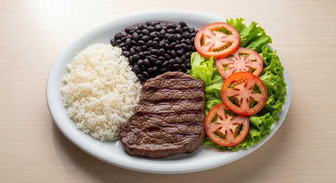Traditional Brazilian Prato Feito with Grilled Steak, Rice, Black Beans, and Fresh Salad