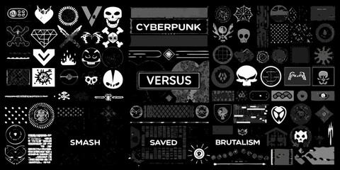 Fototapeta premium Cyberpunk versus smash saved brutalism collection of dark futuristic icons and symbols