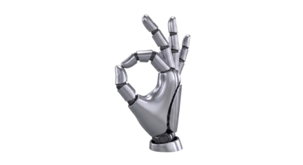 Robotic hand making perfect ok gesture, future technology concept isolated on transparent background