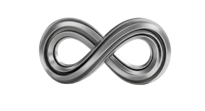 Metallic infinity symbol 3d render concept of endless loop isolated on transparent background