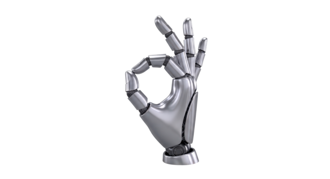 Robotic hand making perfect ok gesture, future technology concept isolated on transparent background