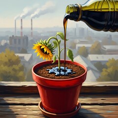 A sunflower plant in a red pot being watered with a bottle against an industrial cityscape background with smokestacks and pollution