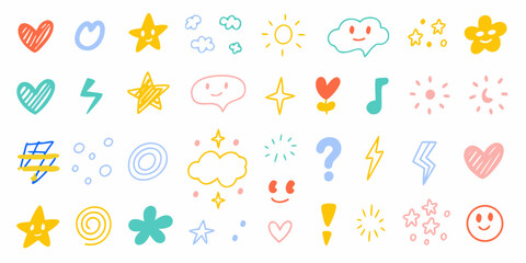 Collection of cute hand drawn doodle icons and symbols with pastel colors on a white background