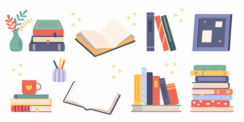 Collection of illustrated books open books a vase with branches a mug and a picture frame