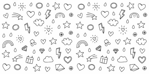 A whimsical doodle pattern featuring hand drawn hearts stars clouds rainbows lightning bolts and raindrops on a white background