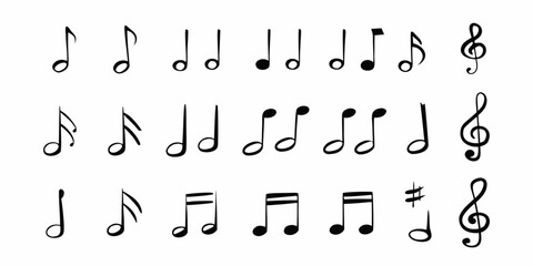 Collection of hand drawn black music notes and symbols on a white background