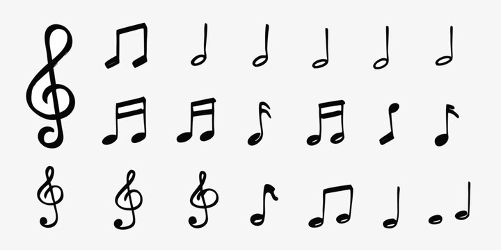 Collection of hand drawn black music notes and treble clefs on white background