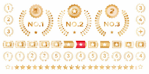Collection of golden ranking badges laurel wreaths stars and award ribbons for first place