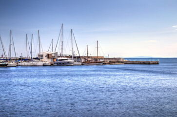 Nessebar harbor with yachts and boats in a beautiful sunny day in Nessebar, Bulgaria, Europe