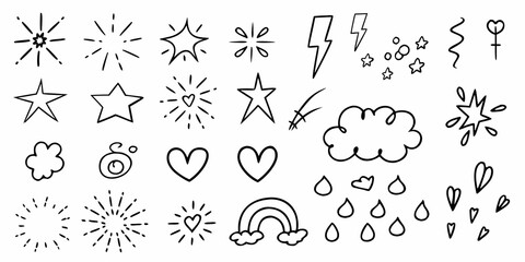 Collection of hand drawn doodle elements including stars hearts lightning bolts clouds rainbow and raindrops