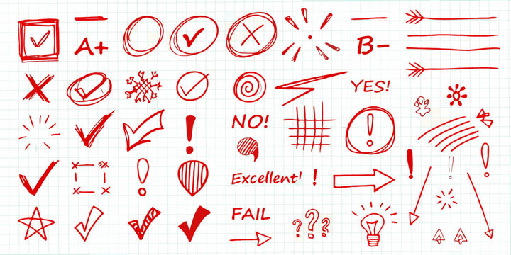 Collection of hand drawn red checkmarks crosses circles exclamation points and text on a grid paper background