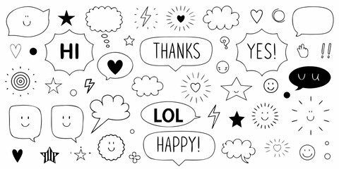 Collection of hand drawn doodle speech bubbles with positive messages and cute icons