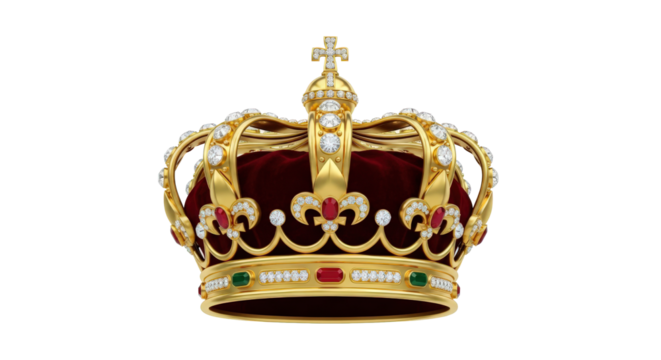 Luxurious gold crown with red velvet, diamonds, and gemstones isolated on transparent background