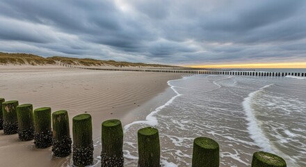 Coastal Serenity under Dramatic Skies: A serene coastal landscape is framed by an expanse of ocean under a dramatic cloudy sky, with rows of weathered posts leading the eye towards the tranquil waves.