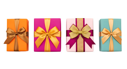 Four colorful gift boxes with satin ribbons and bows, including orange, magenta, pink, and teal, isolated on a transparent background