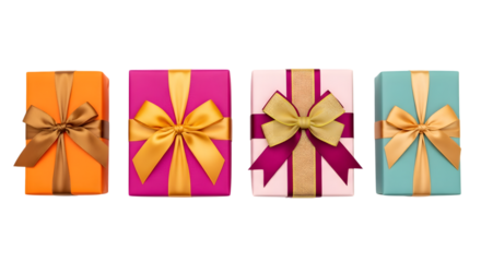 Four colorful gift boxes with satin ribbons and bows, including orange, magenta, pink, and teal, isolated on a transparent background
