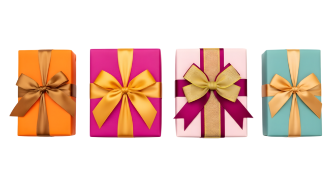 Four colorful gift boxes with satin ribbons and bows, including orange, magenta, pink, and teal, isolated on a transparent background