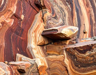 Stunning close-up of colorful, layered rock formations with a stone cantilever. Intense reds, oranges, and browns create a vibrant visual