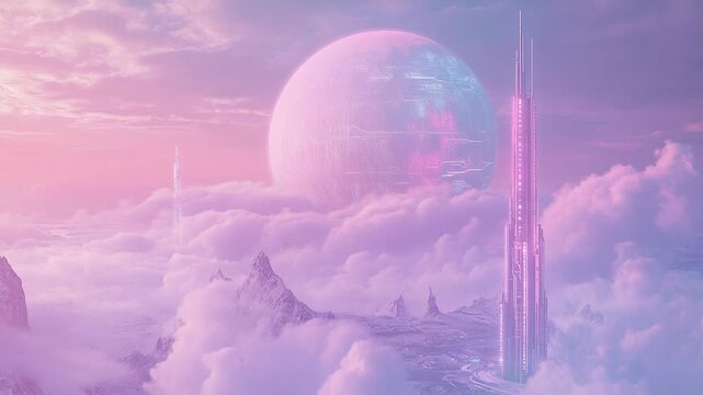 Futuristic city skyline with giant planet in pink sky