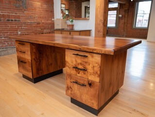 A majestic and robust wooden desk, radiating warmth and timeless elegance, occupies a prominent position in a modern interior setting.