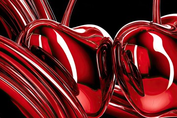Glossy red heart sculptures reflect light, black background