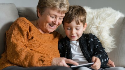 A heartwarming moment captured, grandmother and grandson, engrossed in a shared experience. The bond of love and connection.