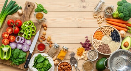 Colorful Culinary Symphony: A vibrant ensemble of fresh, raw ingredients is artfully arranged on a wooden surface, ready to be transformed into a culinary masterpiece.