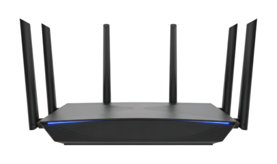 Sleek black wireless internet router with multiple antennas and blue LED lights for fast connectivity, isolated on a clean transparent background