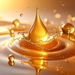 A close-up showcases a golden droplet impacting a surface, creating ripples and splashes. Floating orbs add depth. Bokeh background