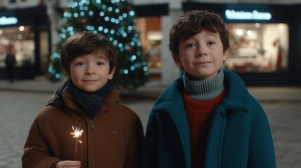 Two young boys, their eyes shining with wonder, stand before the twinkling lights of a Christmas tree, sharing the joy of a sparkler on a crisp winter night.