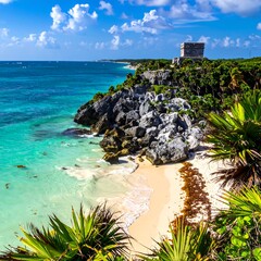 Sunny coastal view, vibrant turquoise sea laps the white sand below ancient stone ruins on a cliff, lush green vegetation frames the scene