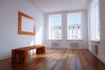 A minimalist interior, with a wooden bench and picture frame, and bright windows illuminate the room, exuding a sense of tranquility and spaciousness. 
