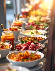 A close-up showcases a long buffet table overflowing with various dishes. Natural light shines on the food, highlighting different textures and colors