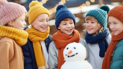 Children gather joyfully around a freshly built snowman, bundled up in cozy winter wear, sharing smiles and laughter amidst the crisp air. The scene captures the pure joy of childhood winter fun.