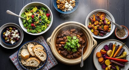 Culinary Array: An appetizing presentation of an assortment of delectable dishes, artfully arranged to showcase culinary diversity and delight.