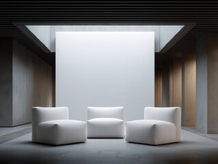 Modern minimalist design of the interior features sleek lines and a serene atmosphere, with a series of pristine armchairs under a high ceiling.