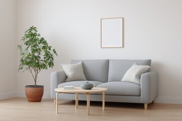 A minimalist living room with a neutral palette. A modern couch and a simple table, complemented by decorative items. A framed art piece hangs on the wall, and a houseplant in a decorative pot.