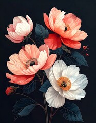 A close-up view of a floral arrangement featuring large blooms with layers of coral, pink, and white petals. Deep green leaves accent the dark background