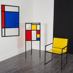 Interior in the art style of cubism in red and blue colors.