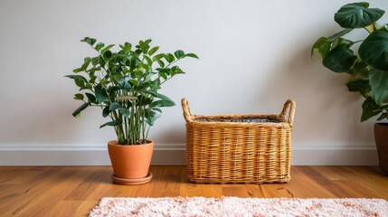 A cozy living room scene presents a wicker basket and a potted fern on a hardwood floor, exuding warmth and simplicity. The presence of plants enhances the image's appeal.